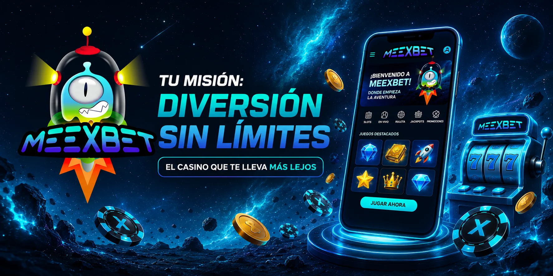 Banner de Meexbet Chile con tragamonedas, mesas en vivo y pagos en pesos chilenos por WebPay